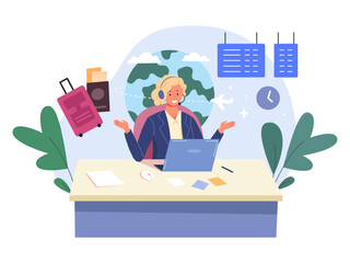 Tour manager. Woman travel agent, touristic agency operator call center consultant at computer laptop desk booking service flight company tourism trip office vector illustration