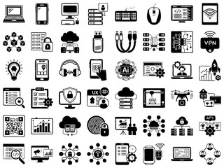 Collection of technology icons in black and white, representing various digital concepts and devices