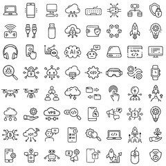 Collection of line icons representing technology concepts, devices, and data management
