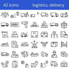 Collection of line icons representing logistics, shipping, and transportation processes
