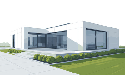 Fototapeta premium Stunning modern minimalist home featuring sleek white exterior, expansive glass walls, and manicured landscaping for luxurious living