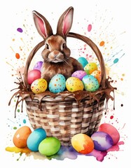 A bunny rests in a wooden basket filled with colorful Easter eggs, surrounded by vibrant paint splashes—evoking the cheerful spirit of the festival and springtime creativity