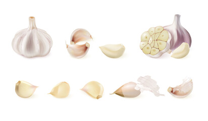 Realistic garlic. 3d isolated garlics whole peeled cloves, spicy vegetables raw onion kitchen cooking spice herbs salad food ingredient natural condiment exact vector illustration