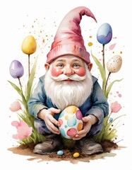 A golden-haired elf dressed in muted green sits beside a yellow chick and a basket of colorful eggs—evoking a warm and cheerful springtime fantasy