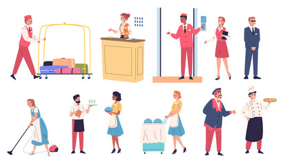 Hotel staff. Hospitality service employee, reception manager waiter doorman concierge receptionist restaurant worker maid bellboy porter job uniform, set classy vector illustration