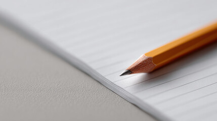 Pencil on lined paper ready to start school work with focus on tip of pencil and textured desk surface