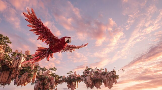 A red parrot soaring through the clouds with its wings spread wide against a backdrop of pink and blue skies