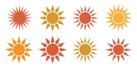 Eight stylized sun icons in orange yellow and red tones simple flat design sunburst symbols isolated on white background