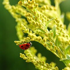 A beautiful ladybug is sitting upside down on a goldenrod flower. Green background