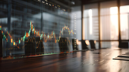 Stock market chart displaying on a transparent screen in a modern office at sunset