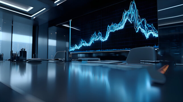 Modern conference room showing growing stock market data on large screen - Powered by Adobe