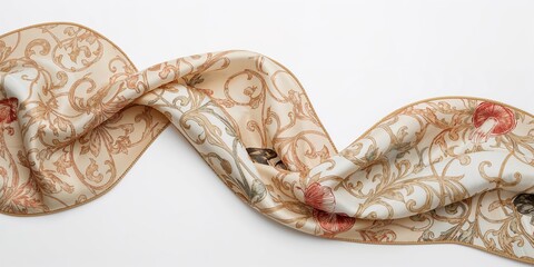 A beige and white patterned scarf with floral and swirl designs on a white background in a wavy shape