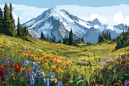 Wildflower Blanketed Mount Rainier Meadows USA isolated
