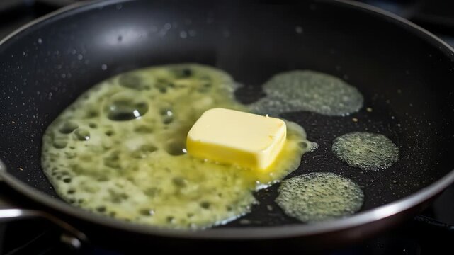 A pat of butter melts in a hot pan, ready for cooking a delicious meal cinematic broll