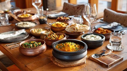 Diverse indian dishes on wooden table
