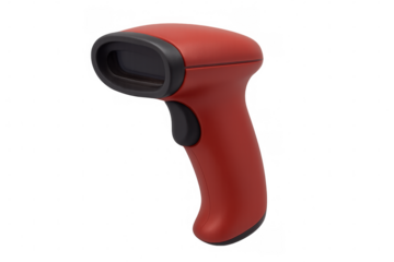 Red handheld barcode scanner isolated on transparent background, ready for e-commerce, retail, and inventory management