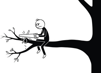 Stick figure sawing branch off tree concept of self destruction and bad decision making vector