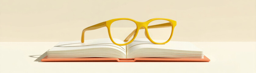 Open book with yellow eyeglasses resting on top symbolizing start of school and learning in bright and calm setting