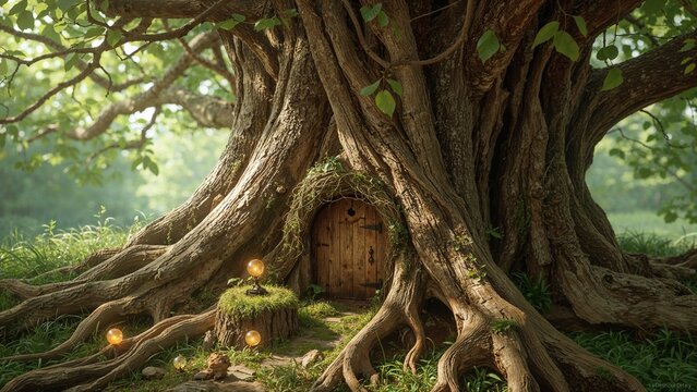 A whimsical treehouse nestled within the roots of an ancient tree in a lush green forest setting - Powered by Adobe