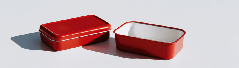 Red lunch box with lid open and closed on white background ready to start school meals with clean and simple design for easy use and storage