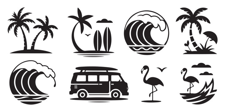Black and White Tropical Beach Icons Set Palm Trees Ocean Waves Surfboards Camper Van Flamingos Summer Vacation Design Elements