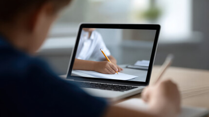 Student starts school with online learning using laptop to write notes and study in modern home environment with focus and dedication