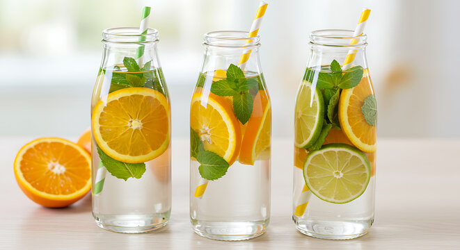 Three glass bottles of citrus mint infused water on display.