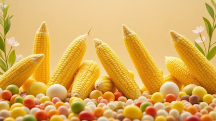 Colorful still life of corncobs and candies against a beige backdrop.