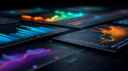 Futuristic screens showing colorful graphs and statistics in perspective