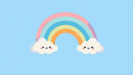 Happy cartoon rainbow with clouds on blue background