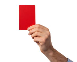 A hand holds up a bright red card against a clean transparent background