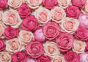 Fototapeta premium Romantic pink roses background, blooming flower heads in pastel and magenta tones, elegant floral pattern for wedding and greeting card design
