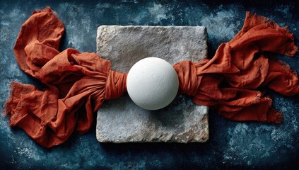 Atop a stone slab, a white sphere is tied with burnt orange cloth