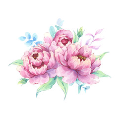 Pink peony flowers watercolor clipart. Delicate floral composition with eucalyptus and green leaves. Perfect for cards, stationary, fabric prints