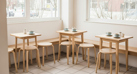 Simple and modern coffee shop interior with wooden tables and chairs by large windows