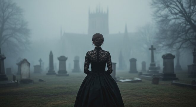Melancholy Figure in Foggy Cemetery, Victorian Elegance