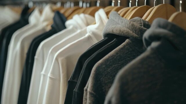 A row of clothing hangs neatly on a rack, ideal for e-commerce or fashion photography