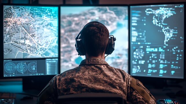 A next-gen command interface showing military strategy maps and autonomous drone data