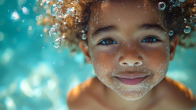 Playful child holding breath underwater with bubbles
