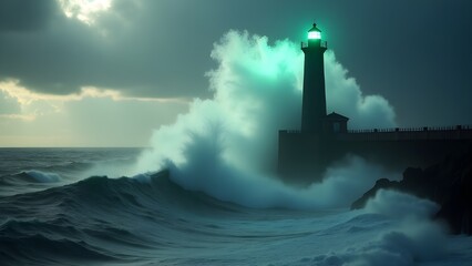 Storm Clash: Waves Crashing Against a Lonely Lighthouse