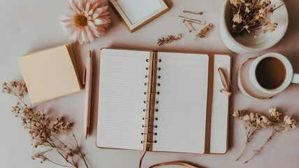 Aesthetic Flat Lay of Pastel Stationery and Dried Flowers