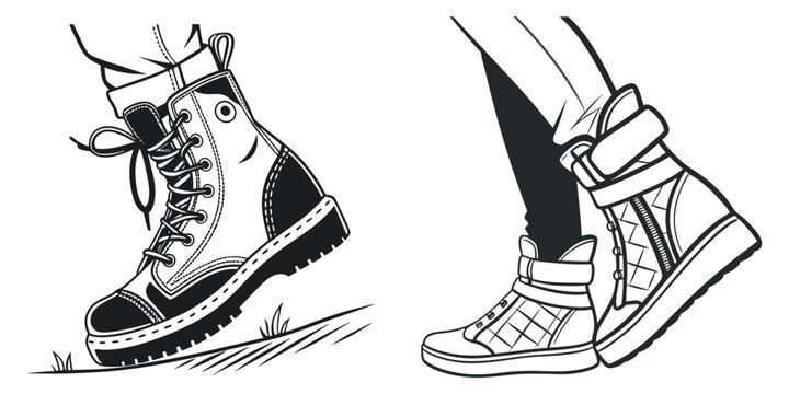 Close up of two pairs of stylish sneakers and boots isolated on white background