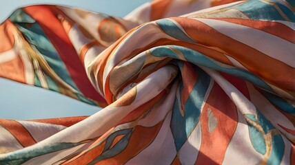 Elegant Patterned Silk Scarf with Gold and Blue Accents