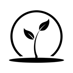 Minimalist leaf sprouting from circular base shown in clean eco friendly vector design