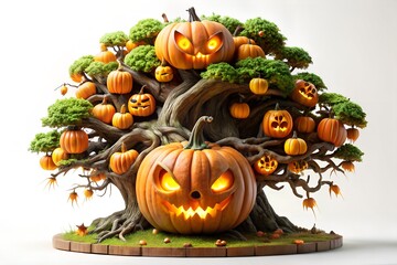Spooky Halloween bonsai tree with glowing jack-o'-lanterns.