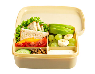 Balanced Lunchbox with Sandwich, Vegetables, Green Apple, Grapes, and Nuts – Isolated on White