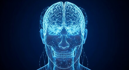 Frontal view of a glowing blue wireframe human head and skull revealing the brain structure
