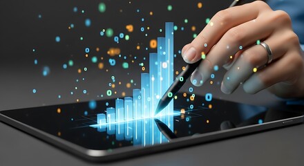 Hand Interacting with a Tablet Displaying an Illuminated Bar Graph and Floating Digital Data Particles