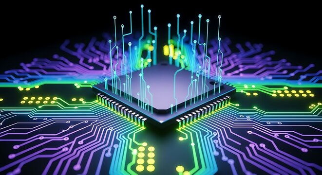 Central microchip with vibrant multicolored glowing circuit lines expanding upwards.