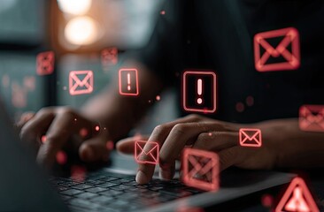 Close-up of hands typing on laptop, email icons & warnings overlay